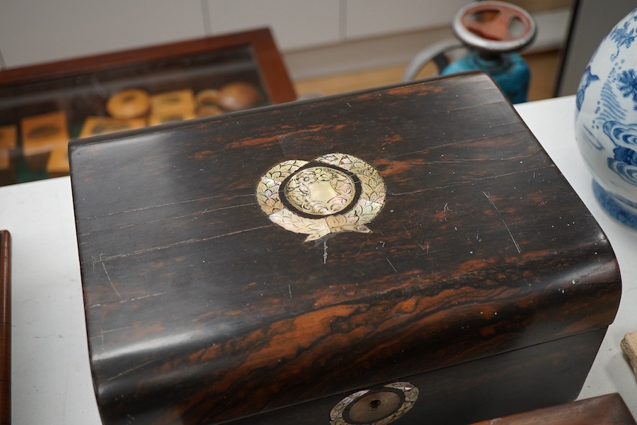 A Victorian coromandel wood, mother of pearl inlay box- 29.5cm wide together with a Victorian olive wood box